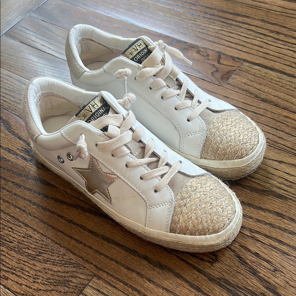 Vintage Havana Suzu Lace Up Sneakers Trainers White Silver Gold Raffia